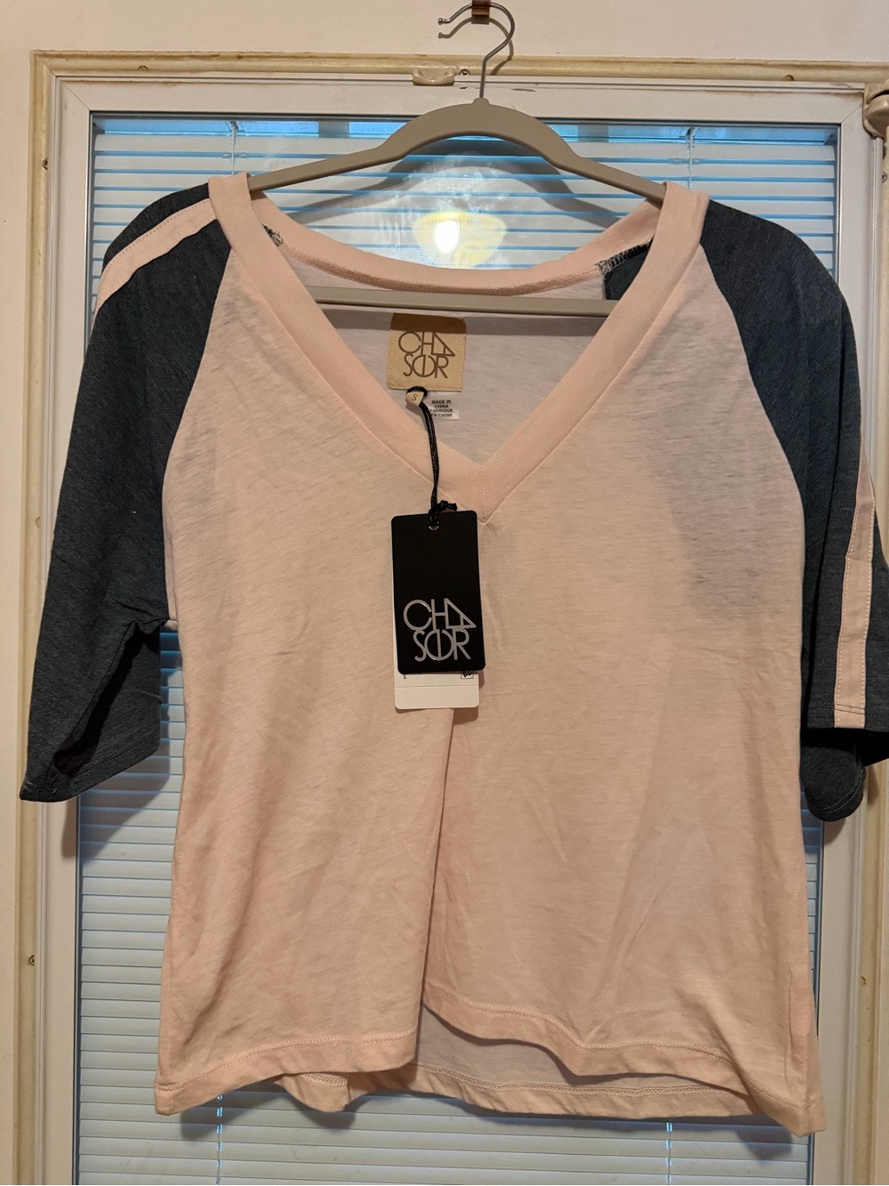 Chaser Blush V-Neck Raglan Top with Slate Sleeves